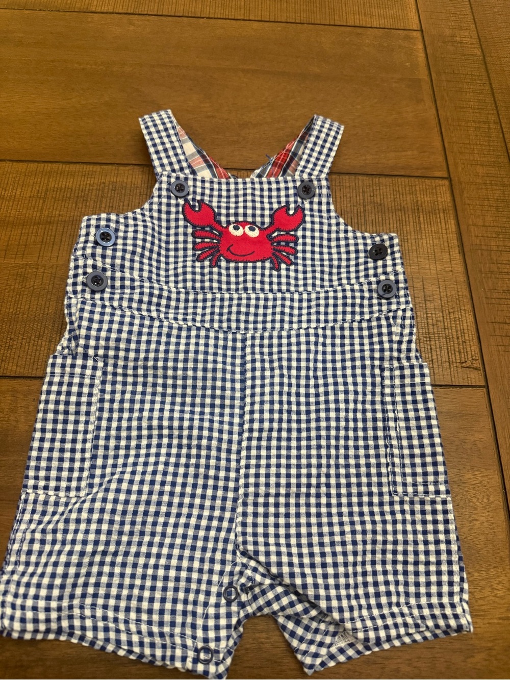 Nursery Rhymes 6m Blue Gingham Crab Applique Kids Overalls